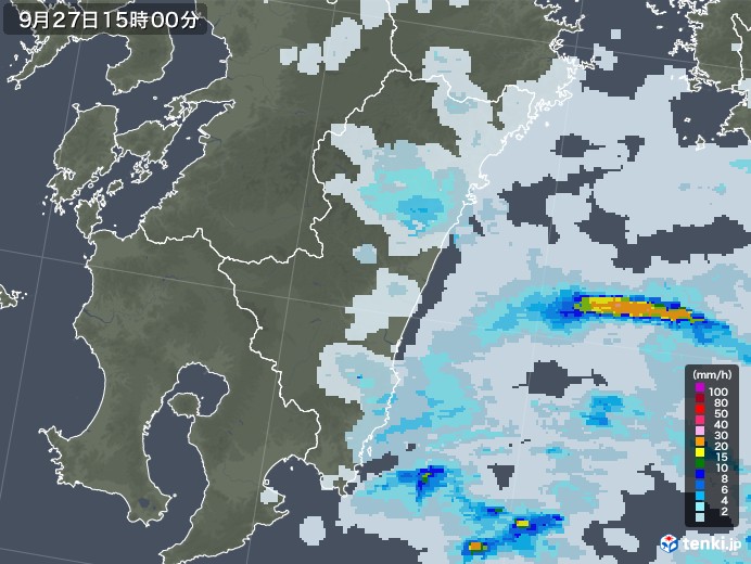宮崎県の雨雲レーダー(2021年09月27日)