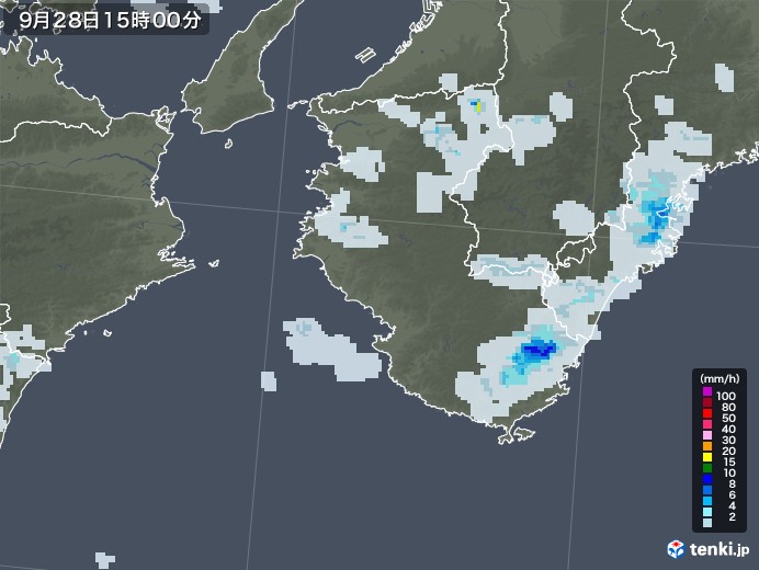 和歌山県の雨雲レーダー(2021年09月28日)