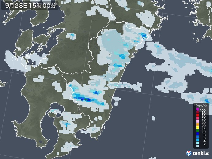 宮崎県の雨雲レーダー(2021年09月28日)