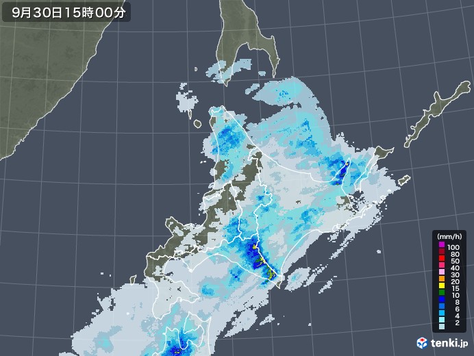 北海道地方の雨雲レーダー(2021年09月30日)