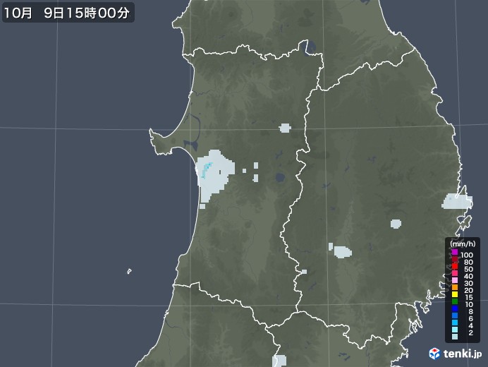 秋田県の雨雲レーダー(2021年10月09日)