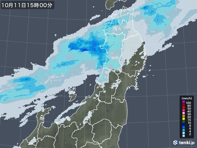 東北地方の雨雲レーダー(2021年10月11日)