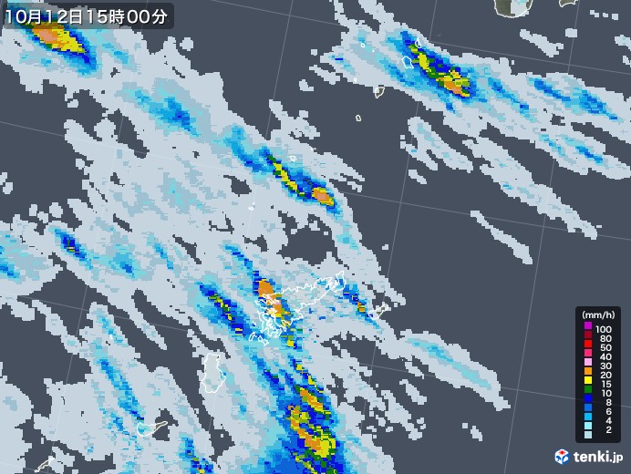 奄美諸島(鹿児島県)の雨雲レーダー(2021年10月12日)