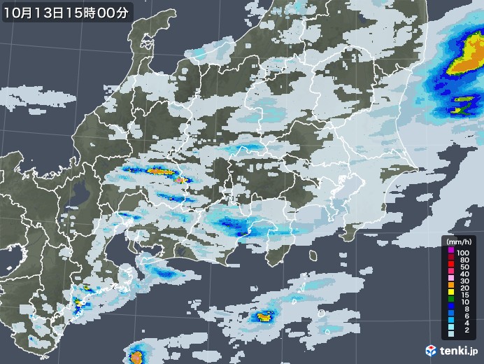 関東・甲信地方の雨雲レーダー(2021年10月13日)