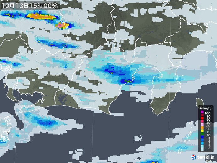 静岡県の雨雲レーダー(2021年10月13日)
