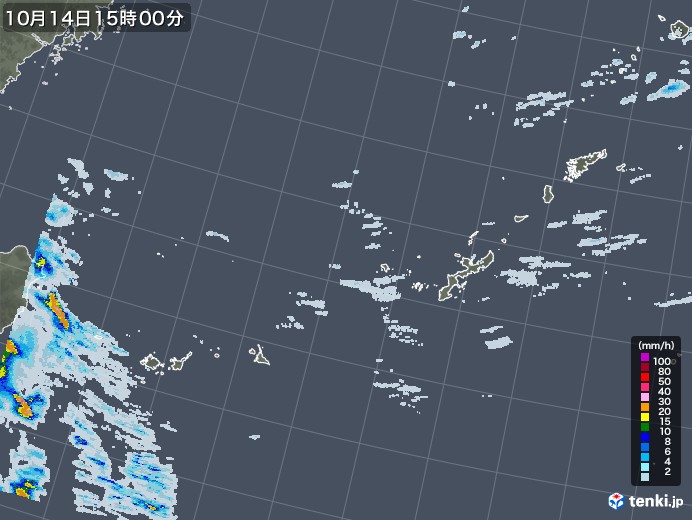 沖縄地方の雨雲レーダー(2021年10月14日)
