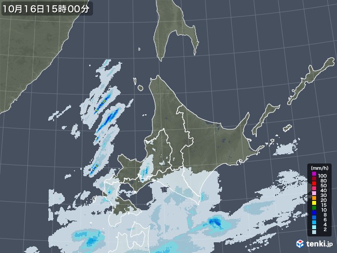 北海道地方の雨雲レーダー(2021年10月16日)
