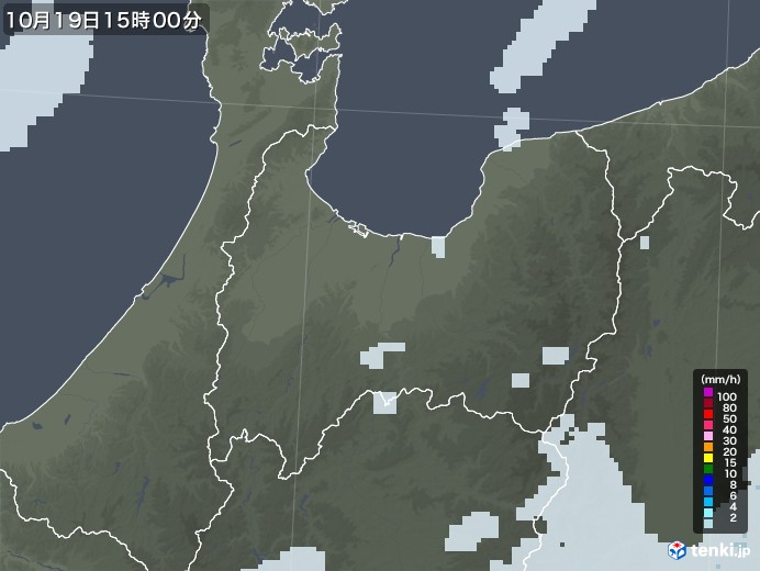 富山県の雨雲レーダー(2021年10月19日)