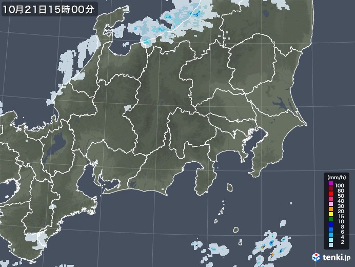 関東・甲信地方の雨雲レーダー(2021年10月21日)