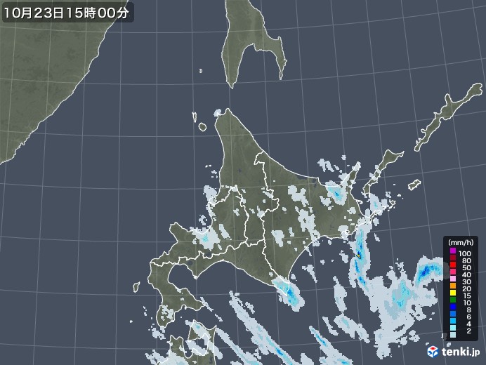 北海道地方の雨雲レーダー(2021年10月23日)