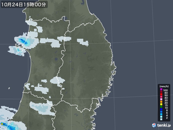 岩手県の雨雲レーダー(2021年10月24日)