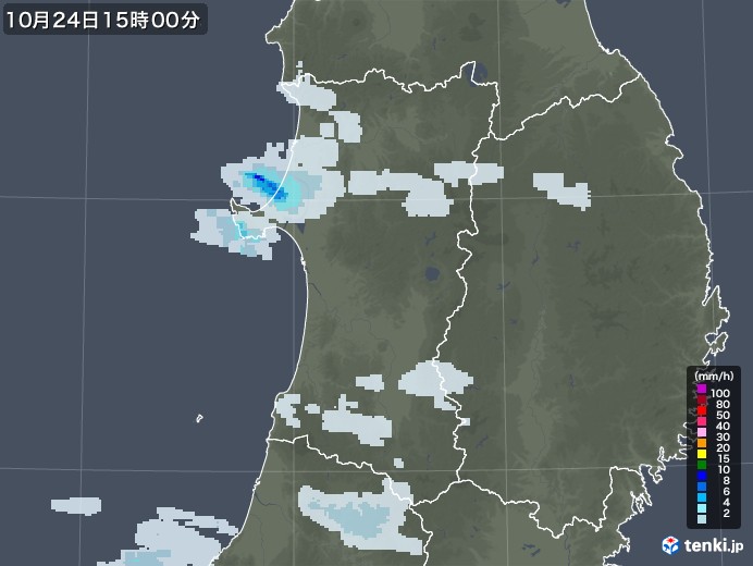 秋田県の雨雲レーダー(2021年10月24日)