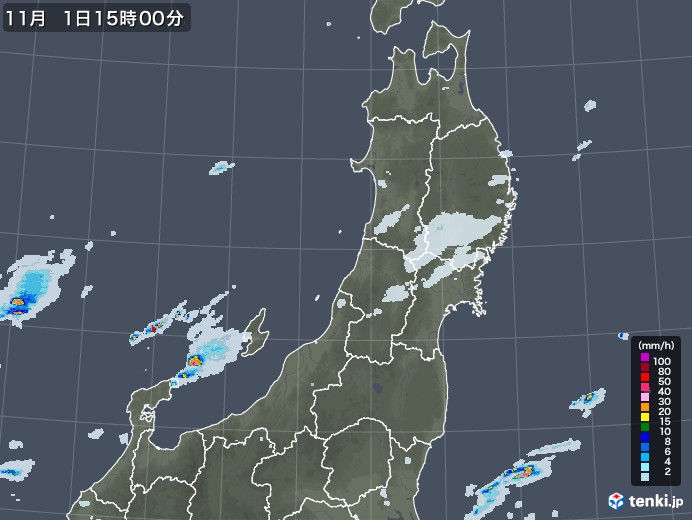 東北地方の雨雲レーダー(2021年11月01日)
