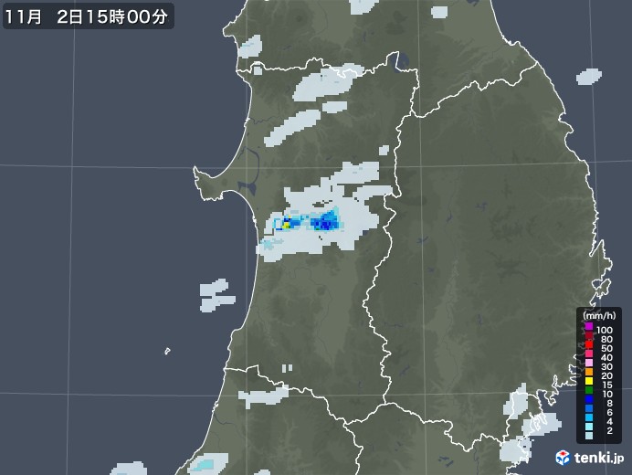 秋田県の雨雲レーダー(2021年11月02日)