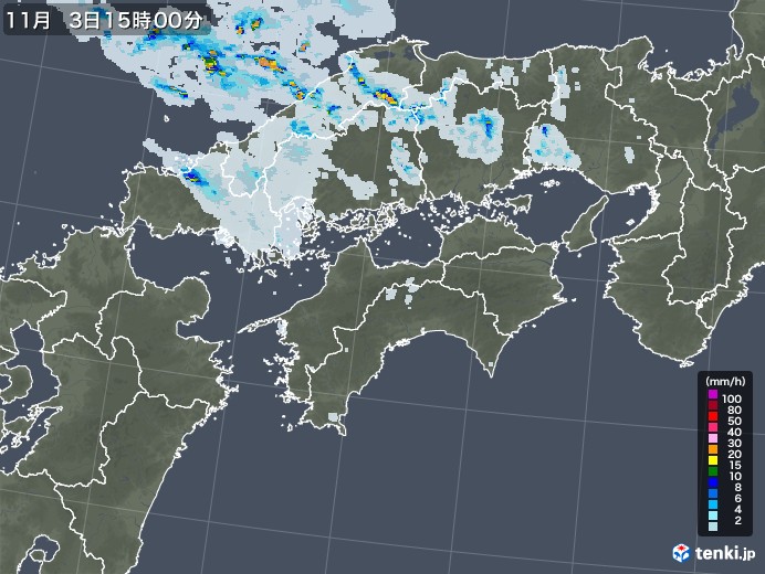四国地方の雨雲レーダー(2021年11月03日)