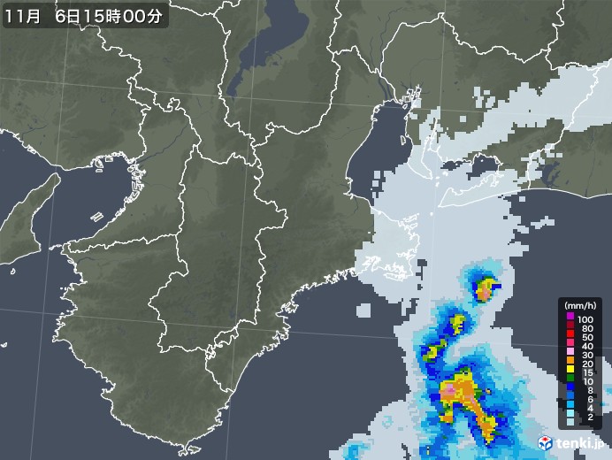 三重県の雨雲レーダー(2021年11月06日)