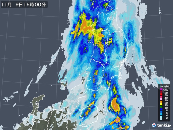 東北地方の雨雲レーダー(2021年11月09日)