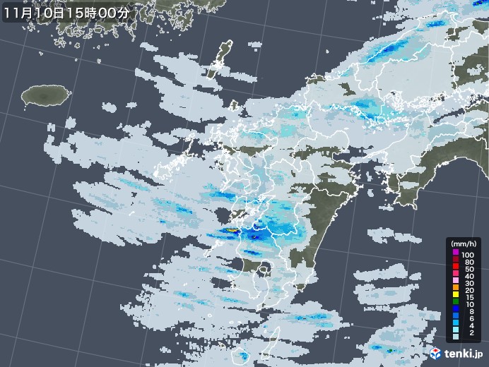 九州地方の雨雲レーダー(2021年11月10日)