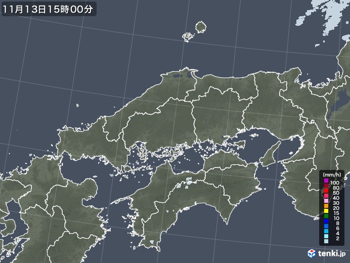 中国地方の雨雲レーダー(2021年11月13日)