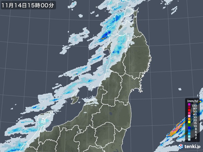 東北地方の雨雲レーダー(2021年11月14日)