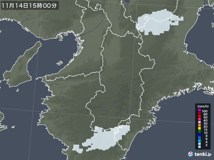奈良県の雨雲レーダー(2021年11月14日)