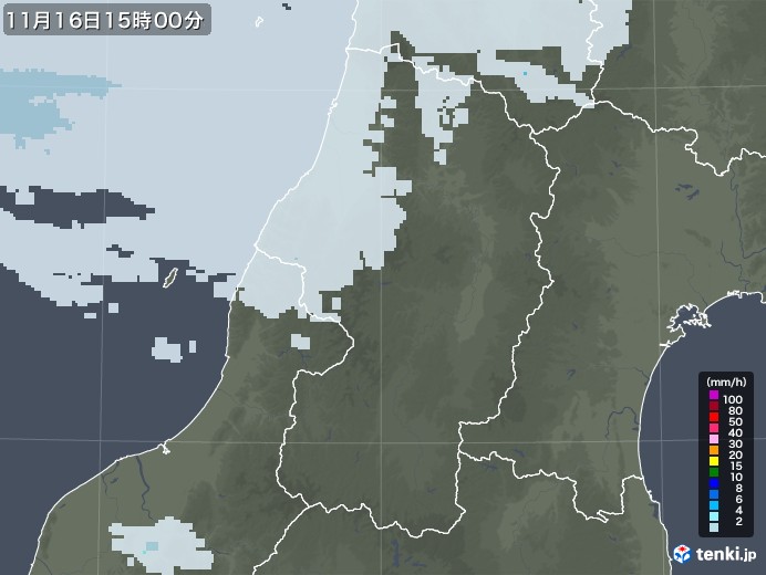 山形県の雨雲レーダー(2021年11月16日)