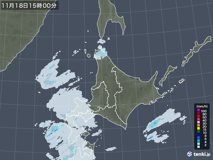北海道地方の雨雲レーダー(2021年11月18日)