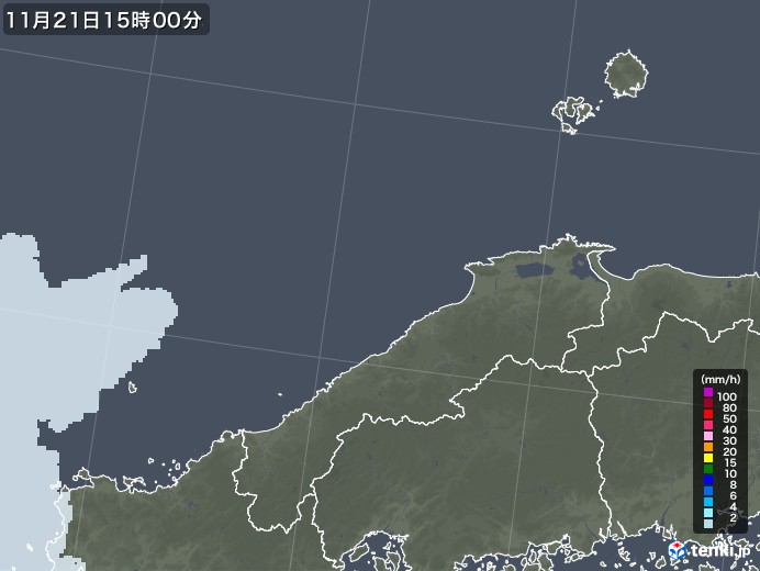 島根県の雨雲レーダー(2021年11月21日)
