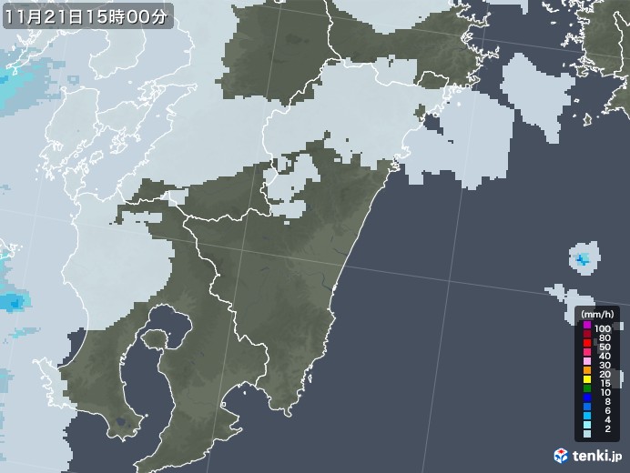 宮崎県の雨雲レーダー(2021年11月21日)