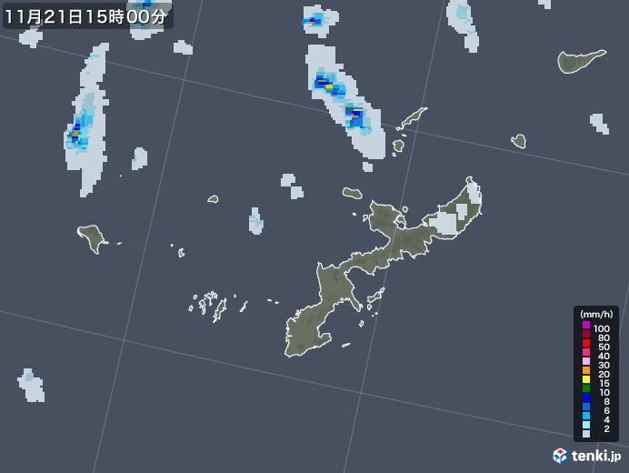沖縄県の雨雲レーダー(2021年11月21日)