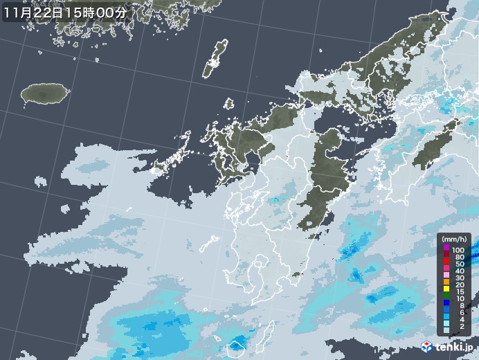 九州地方の雨雲レーダー(2021年11月22日)