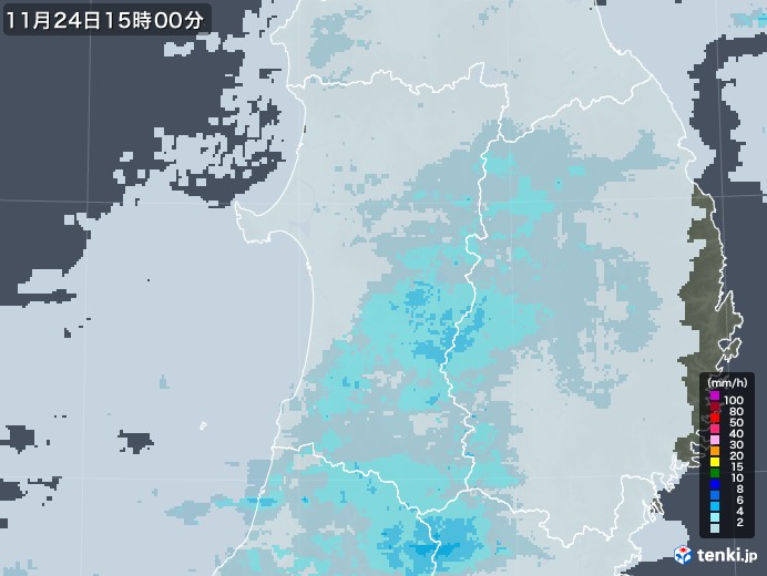 秋田県の雨雲レーダー(2021年11月24日)