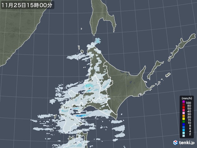 北海道地方の雨雲レーダー(2021年11月25日)