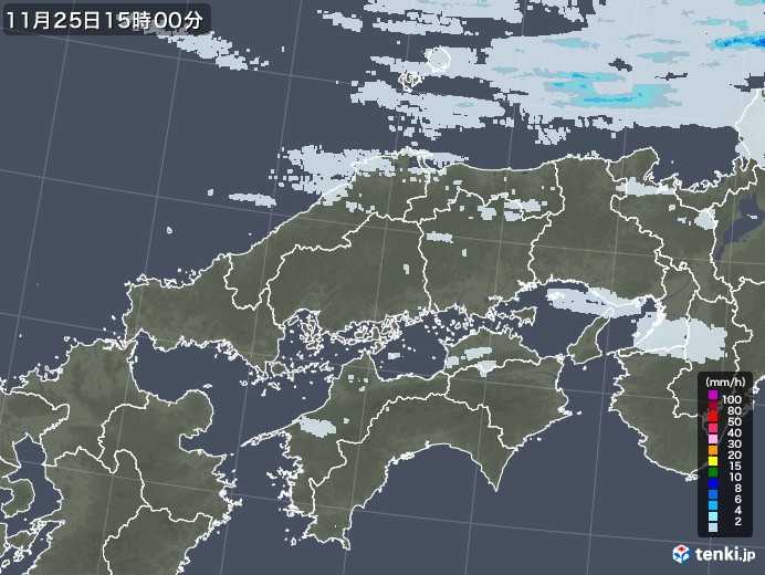 中国地方の雨雲レーダー(2021年11月25日)