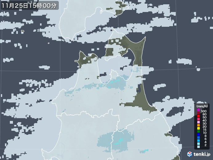 青森県の雨雲レーダー(2021年11月25日)
