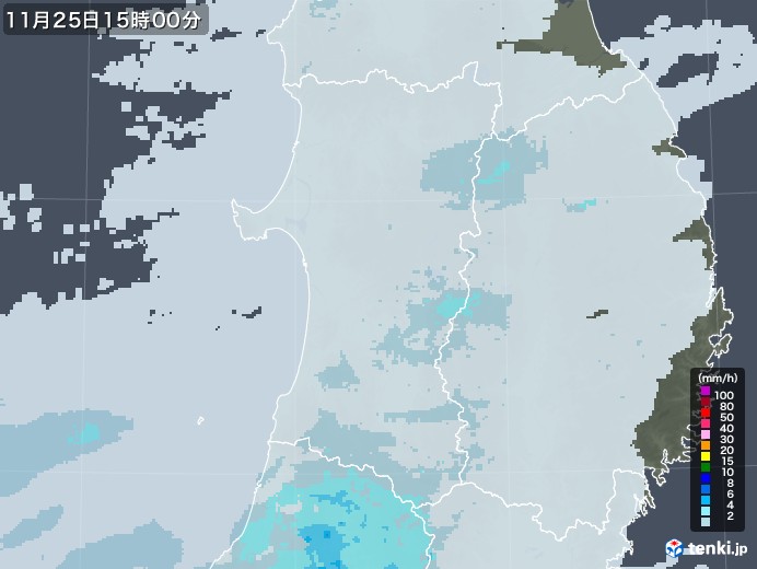 秋田県の雨雲レーダー(2021年11月25日)