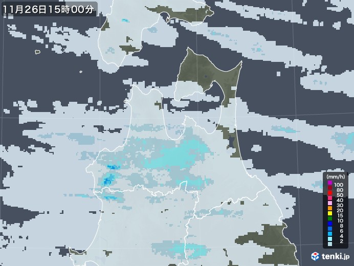 青森県の雨雲レーダー(2021年11月26日)