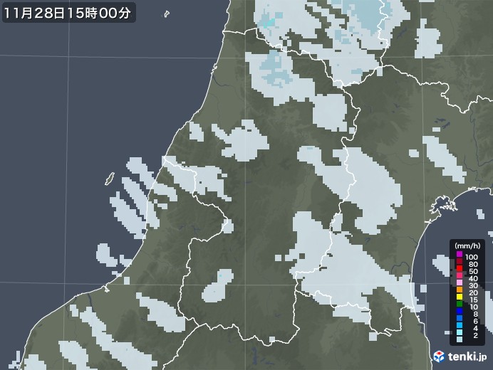 山形県の雨雲レーダー(2021年11月28日)