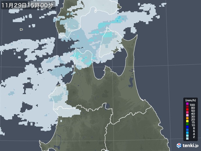 青森県の雨雲レーダー(2021年11月29日)