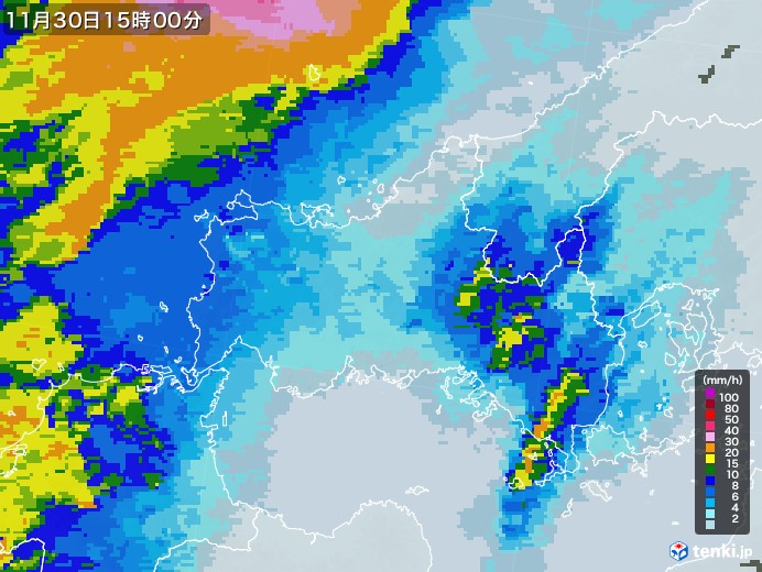 山口県の雨雲レーダー(2021年11月30日)