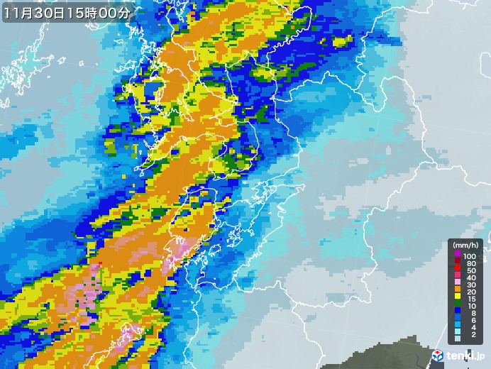 熊本県の雨雲レーダー(2021年11月30日)
