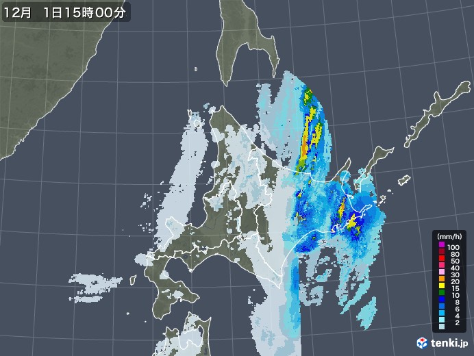 北海道地方の雨雲レーダー(2021年12月01日)