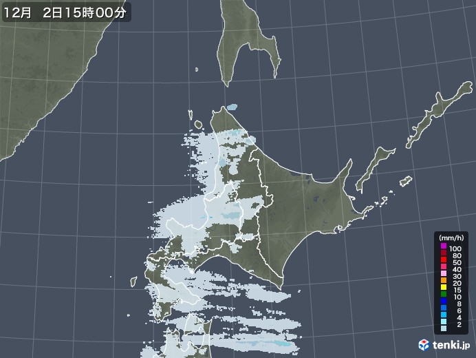 北海道地方の雨雲レーダー(2021年12月02日)