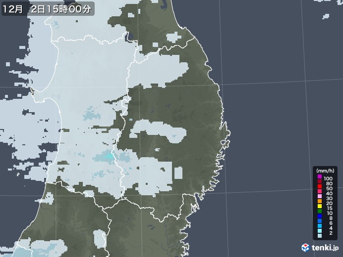 岩手県の雨雲レーダー(2021年12月02日)