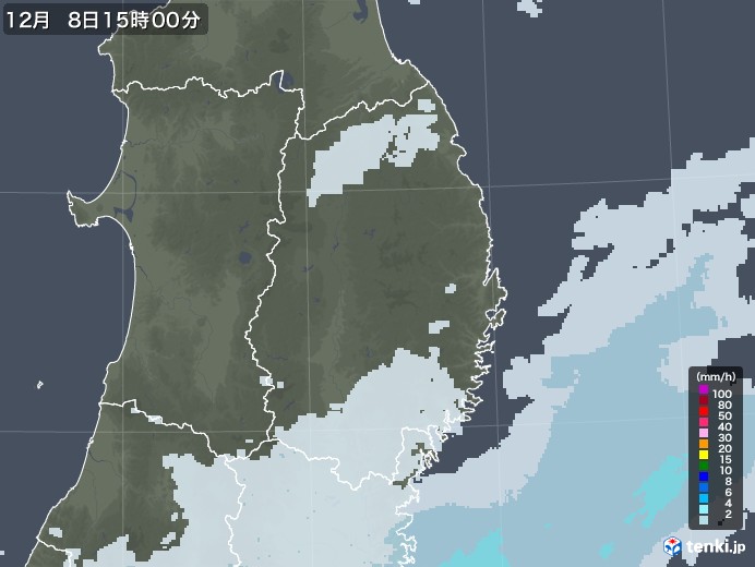 岩手県の雨雲レーダー(2021年12月08日)