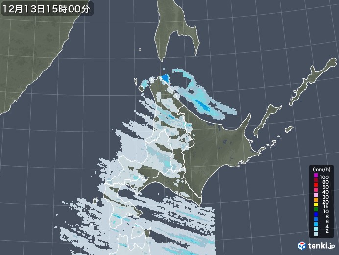 北海道地方の雨雲レーダー(2021年12月13日)