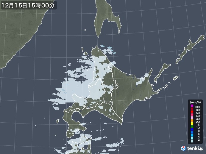 北海道地方の雨雲レーダー(2021年12月15日)