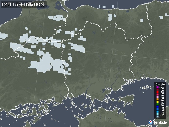 岡山県の雨雲レーダー(2021年12月15日)