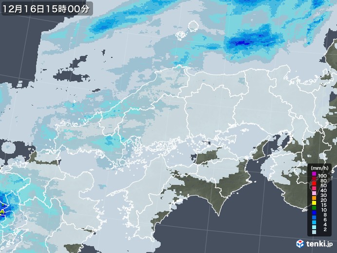 中国地方の雨雲レーダー(2021年12月16日)