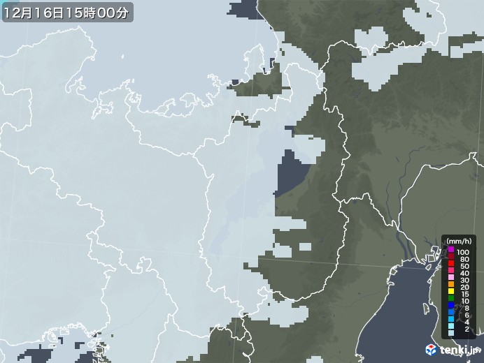 滋賀県の雨雲レーダー(2021年12月16日)